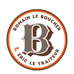 Logo rond avec lettre B stylisée et texte "Romain Le Boucher 2 Eric Le Traiteur" sur fond blanc.