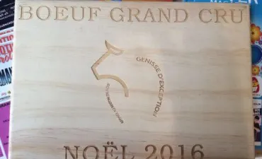 Photo d'un sac en papier avec un logo et texte flouté, daté Noël 2016.