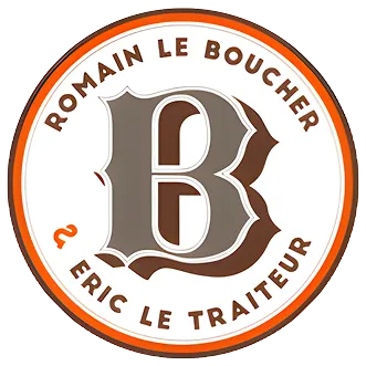 Logo rond avec lettre B stylisée et texte "Romain Le Boucher 2 Eric Le Traiteur" avec contour orange.